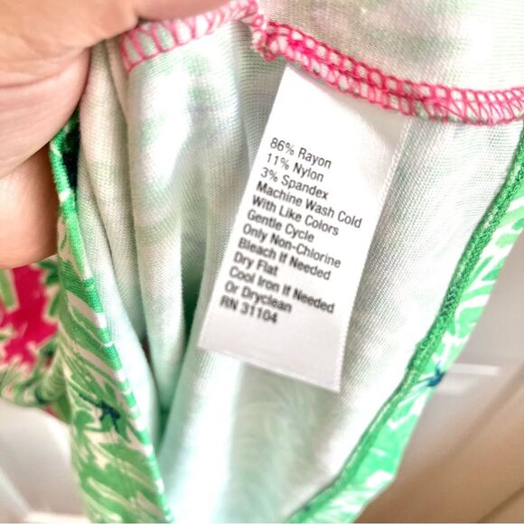 Crown & Ivy Palm Tree Dress Pink Green Size Small 3/4 sleeves split v neck - Picture 4 of 5
